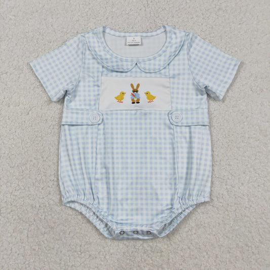 SR3566 Easter Bunny Chick Doll Collar Blue Plaid Short Sleeve Boys Bubble Romper 202512 RTS