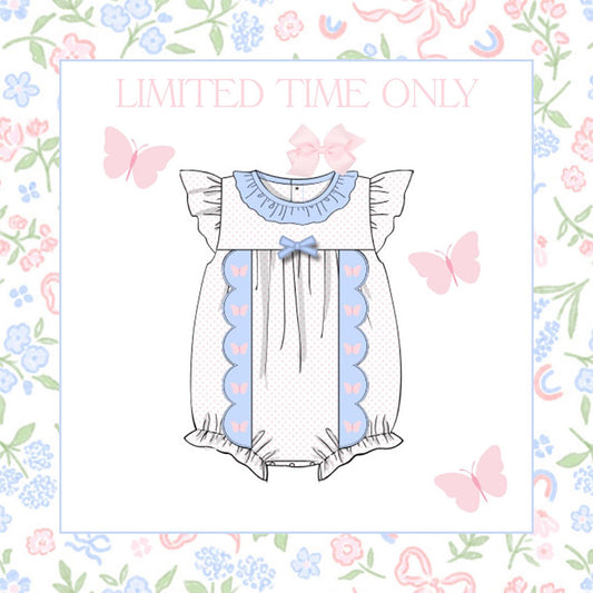 MOQ 5 PCS preorder SR3568 Butterfly Blue Ruffle Flying Sleeve Girls Bubble Romper 202511