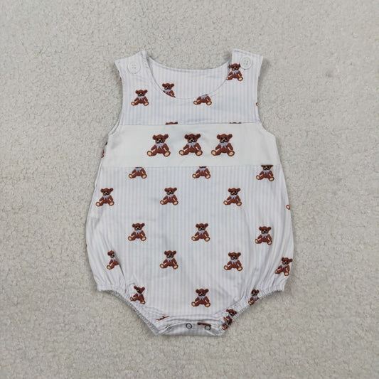 SR3570 Teddy Bear Blue Stripe Sleeveless Boys Bubble Romper 202602 RTS