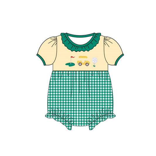 MOQ 5 PCS preorder SR3575 Golf Green Plaid Ruffle Beige Yellow Short Sleeve Girls Bubble Romper 202511 Sibling