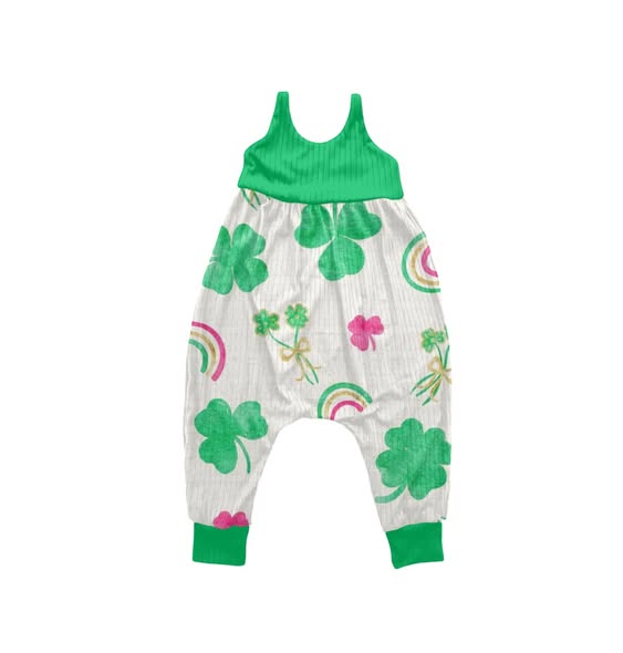 MOQ 5 PCS preorder SR3576 St Patrick's Day Four-Leaf Clover Rainbow Green Sleeveless Girls Romper 202511