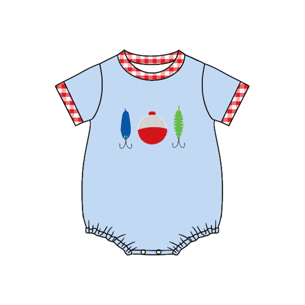 MOQ 5 PCS preorder SR3577 Fishing Floats Red Plaid Neck Blue Short Sleeve Boys Bubble Romper 202511
