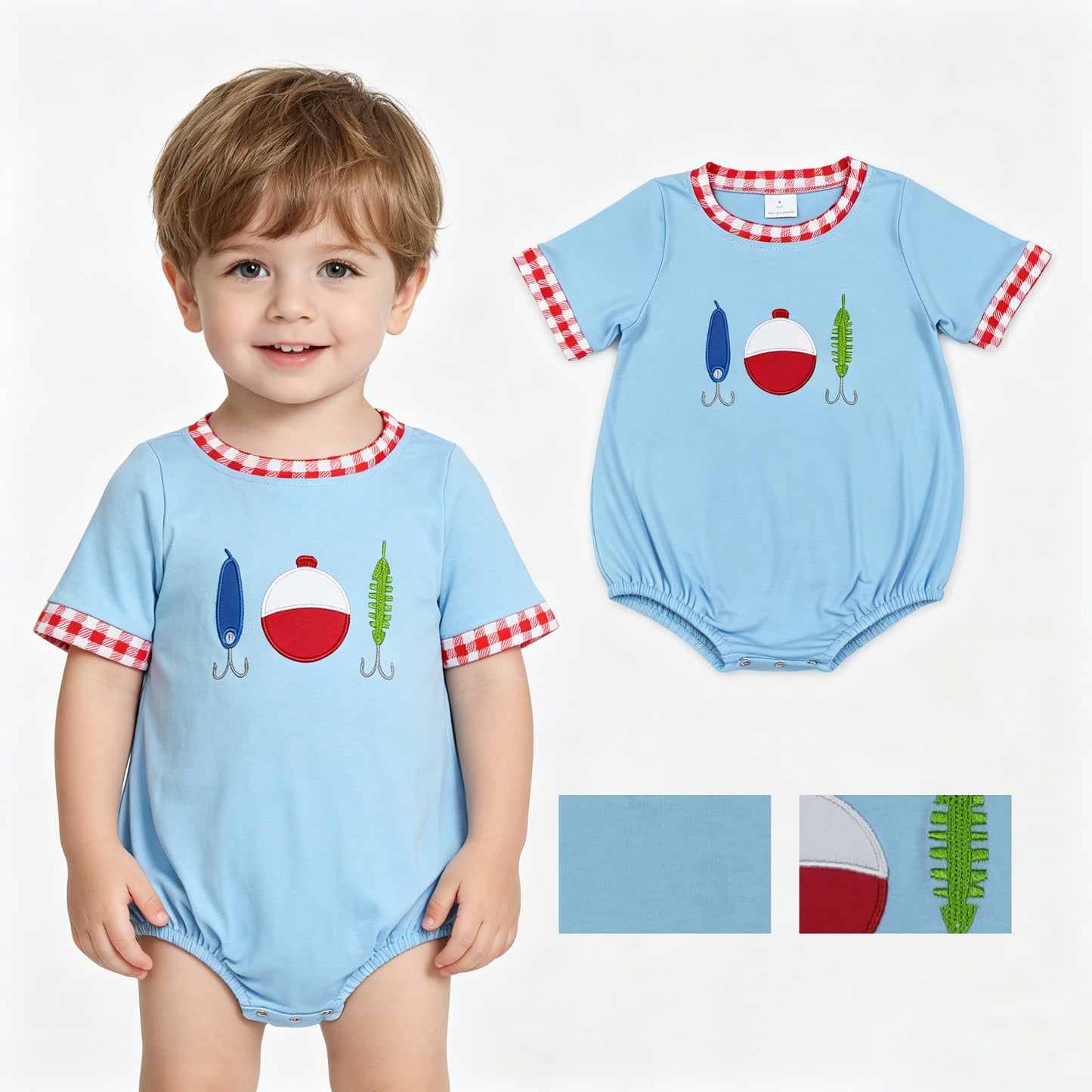 SR3577 Embroidered Fishing Floats Red Plaid Neck Blue Short Sleeve Boys Bubble Romper 202604 RTS