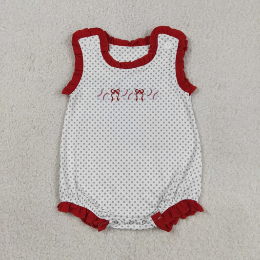 SR3581 Embroidered Baseball Bows Polka Dot Red Ruffle Sleeveless Girls Bubble Romper 202603 RTS Sibling