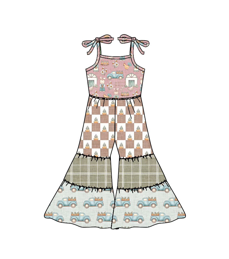 MOQ 5 PCS Preorder SR3584 Easter Rabbits Carrots Chicken Patchwork Halter Girls Overalls Jumpsuits 202511