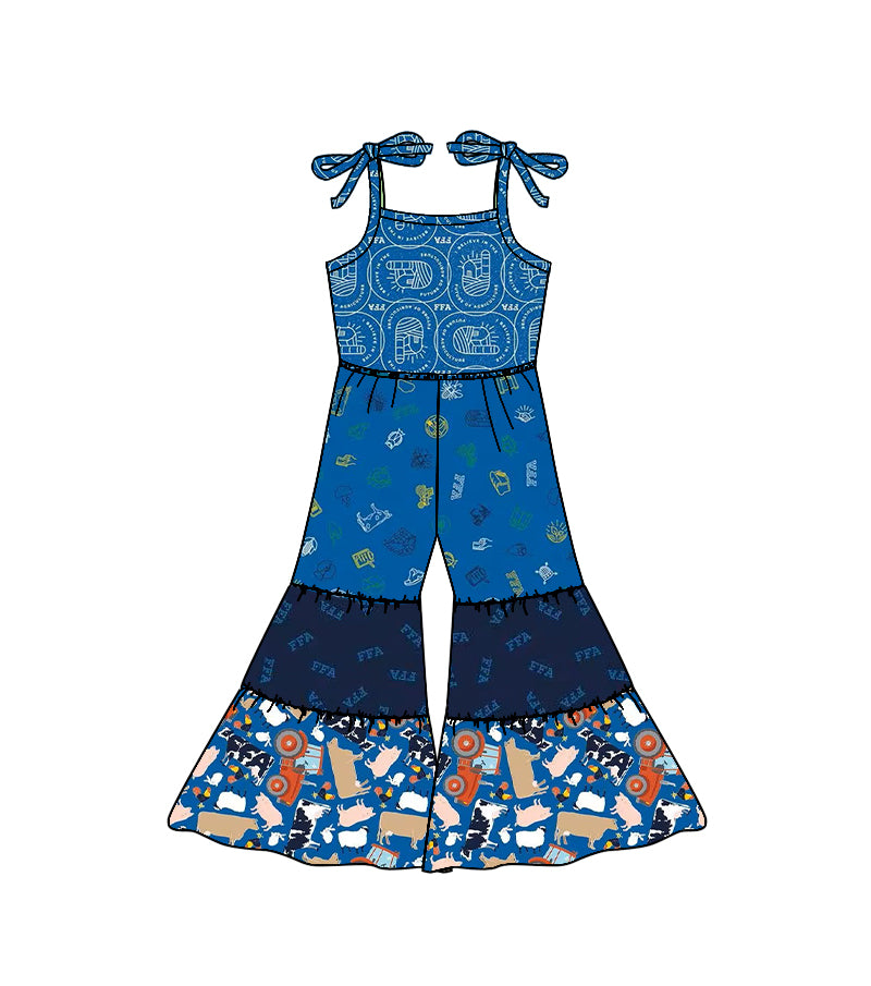 MOQ 5 PCS Preorder SR3585 Farm Animals Blue Patchwork Halter Girls Overalls Jumpsuits 202511