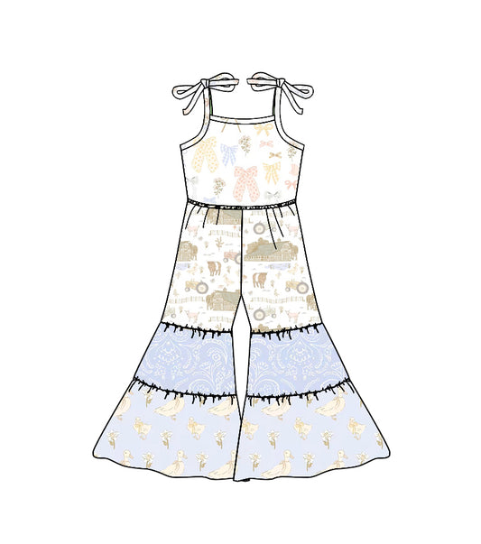 MOQ 5 PCS Preorder SR3586 Bows Farm Animals Patchwork Halter Girls Overalls Jumpsuits 202511