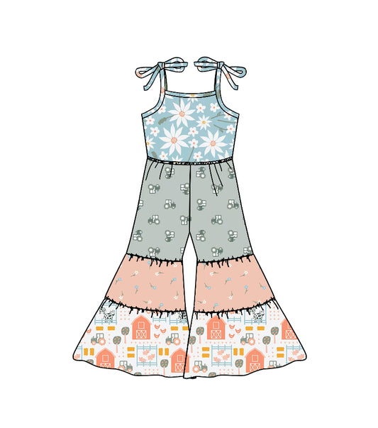MOQ 5 PCS Preorder SR3587 Flower Trucks Farm Animals Patchwork Halter Girls Overalls Jumpsuits 202511