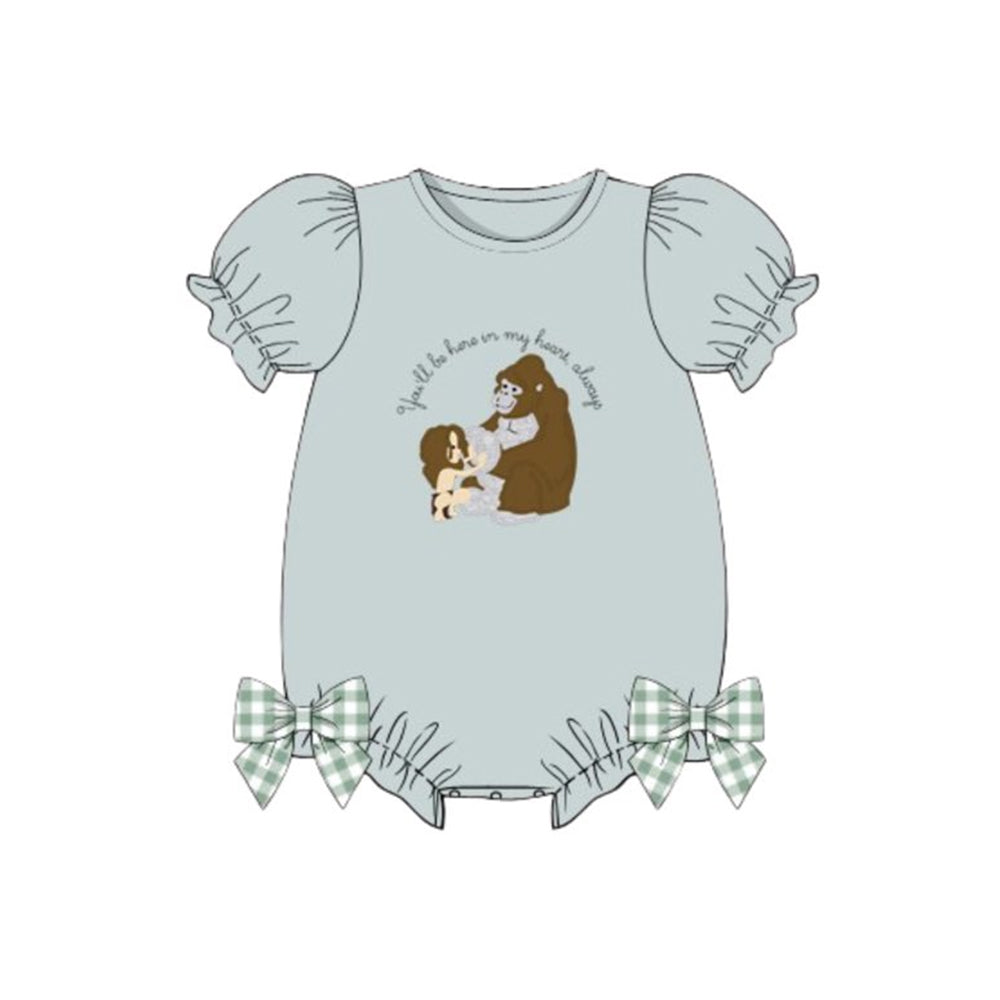 MOQ 5 PCS preorder SR3589 You will always be in my heart, always. Bows Gorilla Blue Green Short Sleeve Girls Bubble Romper 202511 Sibling