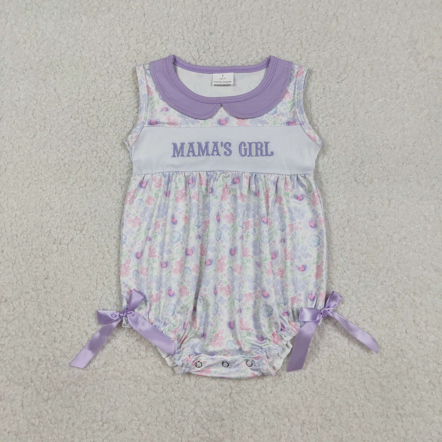 SR3591 Embroidered MAMA'S GIRL Bows Flower Purple Doll Collar Sleeveless Girls Bubble Romper 202601 RTS Sibling