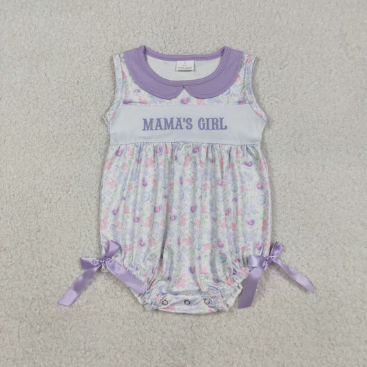 SR3591 Embroidered MAMA'S GIRL Bows Flower Purple Doll Collar Sleeveless Girls Bubble Romper 202601 RTS Sibling