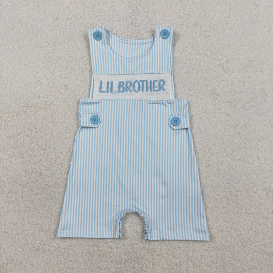 SR3592 Smocked Lil Brother Blue Stripe Sleeveless Boys Romper 202602 RTS Sibling