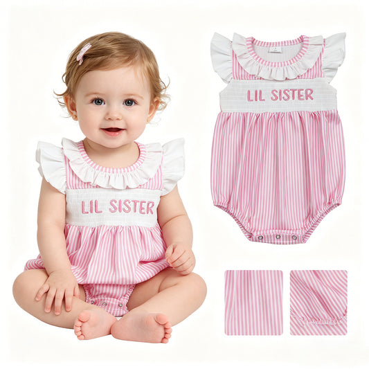 SR3593 Smocked Lil Sister White Lace Ruffle Pink Stripe Sleeveless Girls Bubble Romper 202604 RTS Sibling