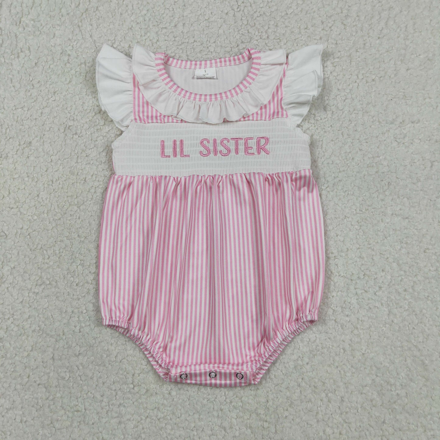 SR3593 Smocked Lil Sister White Lace Ruffle Pink Stripe Sleeveless Girls Bubble Romper 202604 RTS Sibling