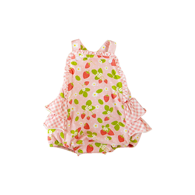 MOQ 5 PCS preorder SR3595 Flower Strawberry Leaves Pink Plaid Ruffle Sleeveless Girls Bubble Romper 202511
