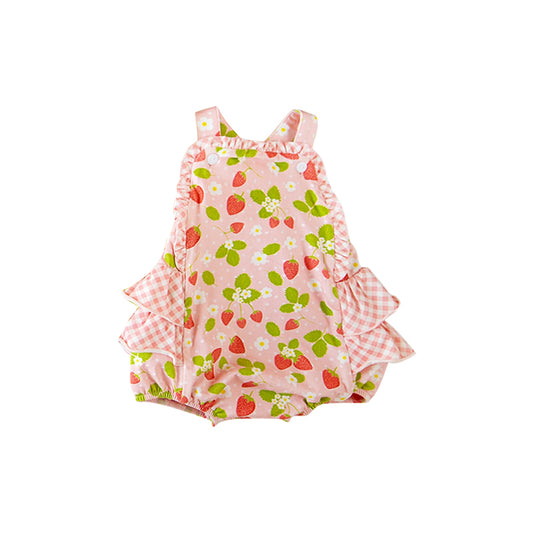 MOQ 5 PCS preorder SR3595 Flower Strawberry Leaves Pink Plaid Ruffle Sleeveless Girls Bubble Romper 202511