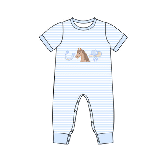 MOQ 5 PCS preorder SR3598 Horse Cowboy Hat Blue Stripe Short Sleeve Boys Romper 202511