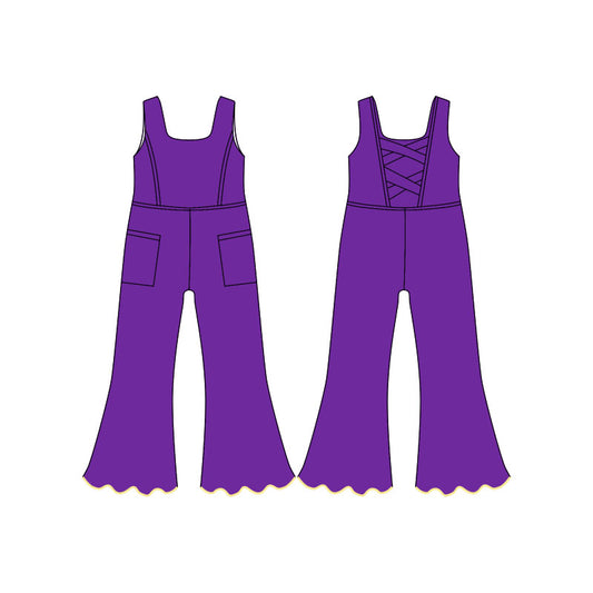 MOQ 5 PCS Preorder SR3599 Solid Purple Pocket Sleeveless Girls Yoga Overalls Jumpsuits 202511
