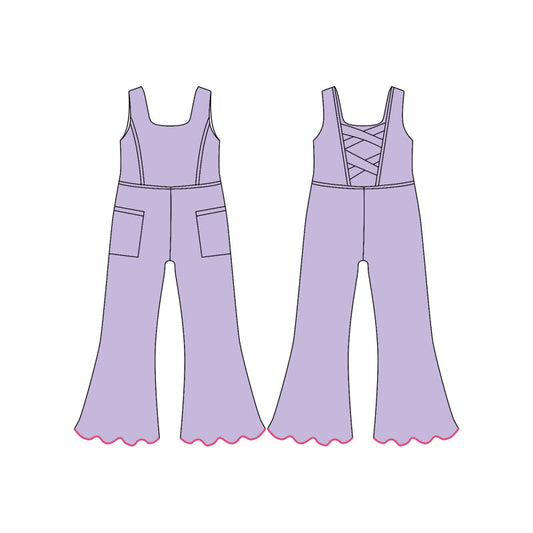 MOQ 5 PCS Preorder SR3600 Solid Light Purple Pocket Sleeveless Girls Yoga Overalls Jumpsuits 202511