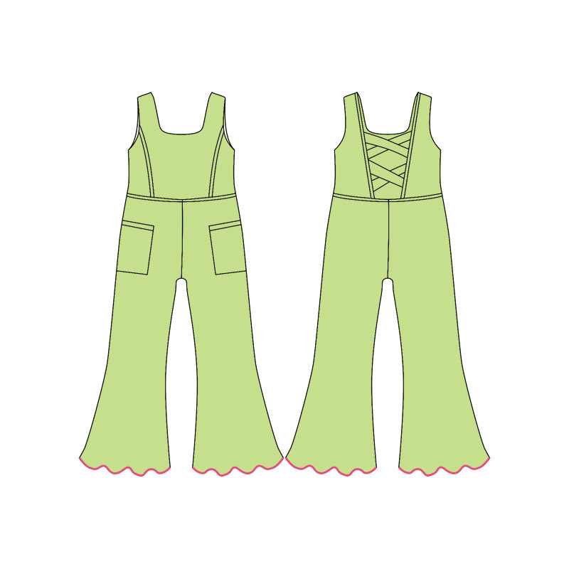 MOQ 5 PCS Preorder SR3604 Solid Green Pocket Sleeveless Girls Yoga Overalls Jumpsuits 202511