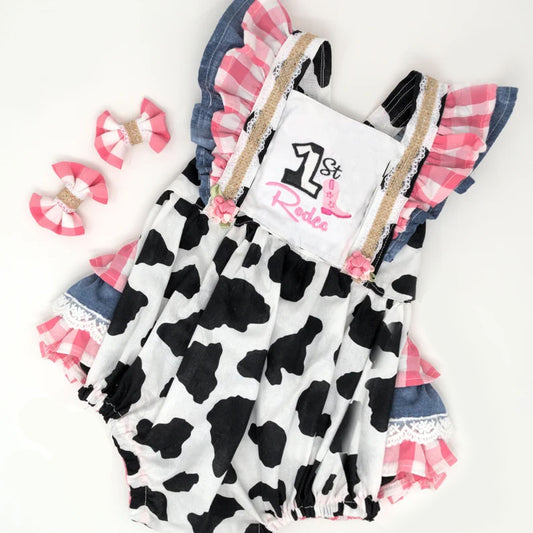 MOQ 5 PCS preorder SR3605 Rodeo Boots Plaid Ruffle Cow Print Flying Sleeve Girls Bubble Romper 202511