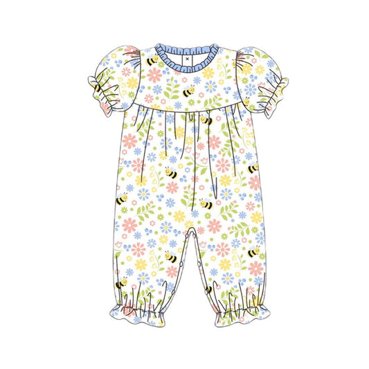 MOQ 5 PCS preorder SR3607 Bee Flower Leaf Blue Ruffle Short Sleeve Girls Romper 202511