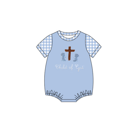 MOQ 5 PCS preorder SR3619 Easter Cross Blue Short Sleeve Boys Bubble Romper 202511