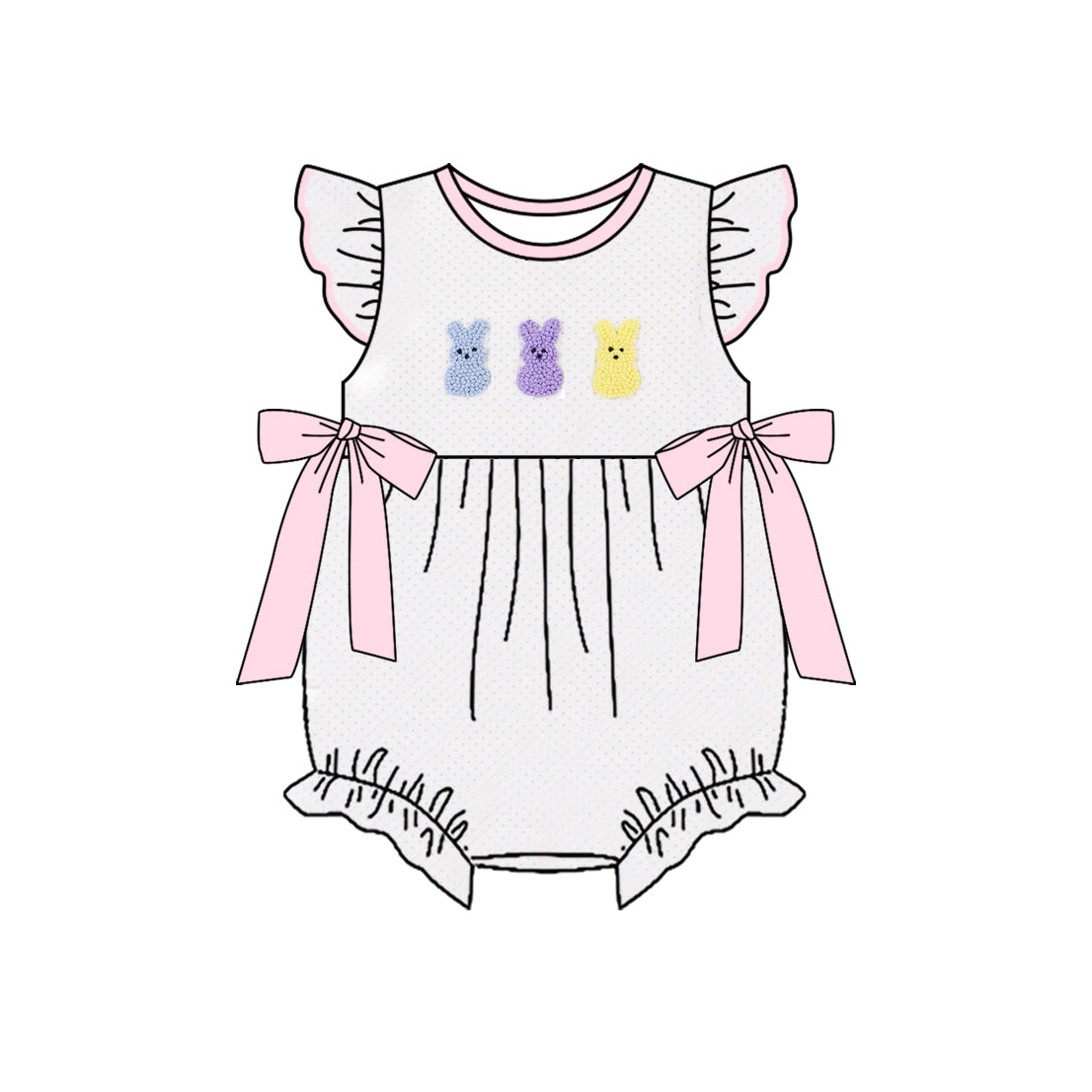MOQ 5 PCS preorder SR3622 Easter Bunny Dots Pink Bows Flying Sleeve Girls Bubble Romper 202511