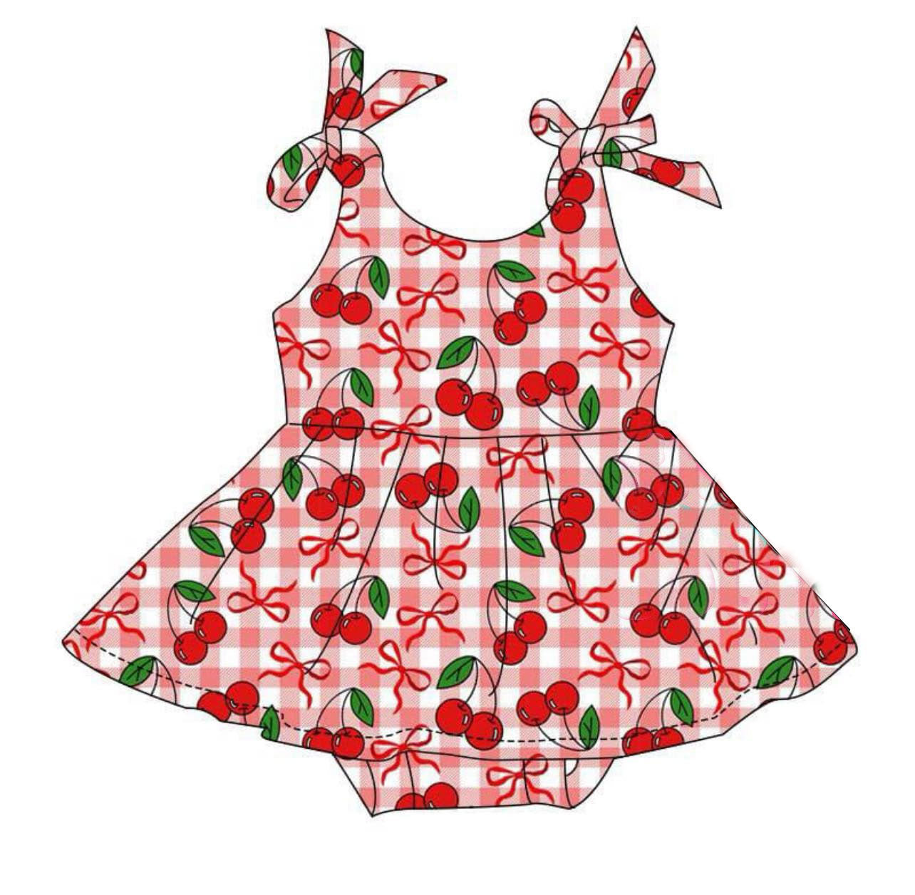 MOQ 5 PCS preorder SR3623 Cherry Plaid Bows Red Halter Girls Bubble Romper 202511