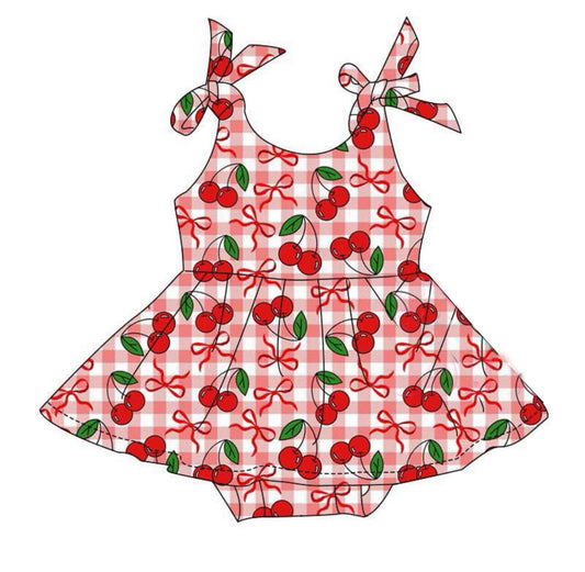 MOQ 5 PCS preorder SR3623 Cherry Plaid Bows Red Halter Girls Bubble Romper 202511