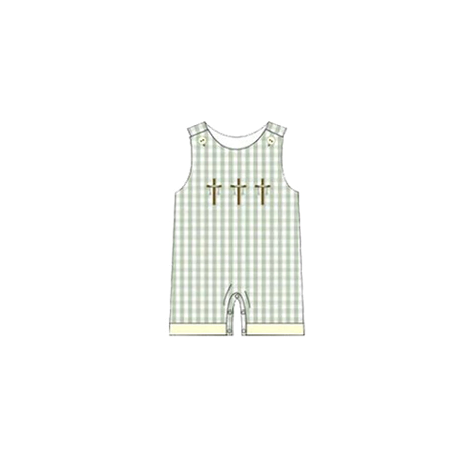 MOQ 5 PCS preorder SR3626 Easter Cross Green Plaid Sleeveless Boys Romper 202511 Sibling