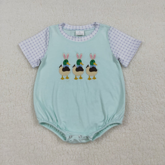 SR3630 Embroidered Easter Bunny Ear Ducks Blue Green Short Sleeve Boys Bubble Romper 202603 RTS