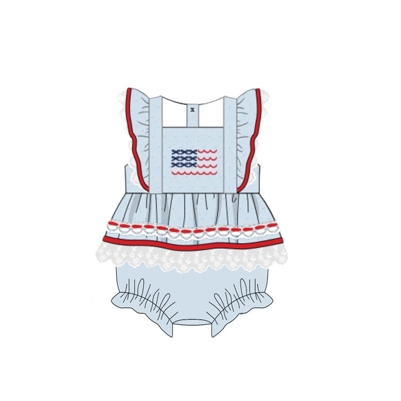 MOQ 5 PCS preorder SR3632 4th of July Flag Lace Ruffle Red Blue Flying Sleeve Girls Bubble Romper 202511