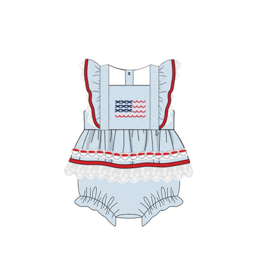 MOQ 5 PCS preorder SR3632 4th of July Flag Lace Ruffle Red Blue Flying Sleeve Girls Bubble Romper 202511