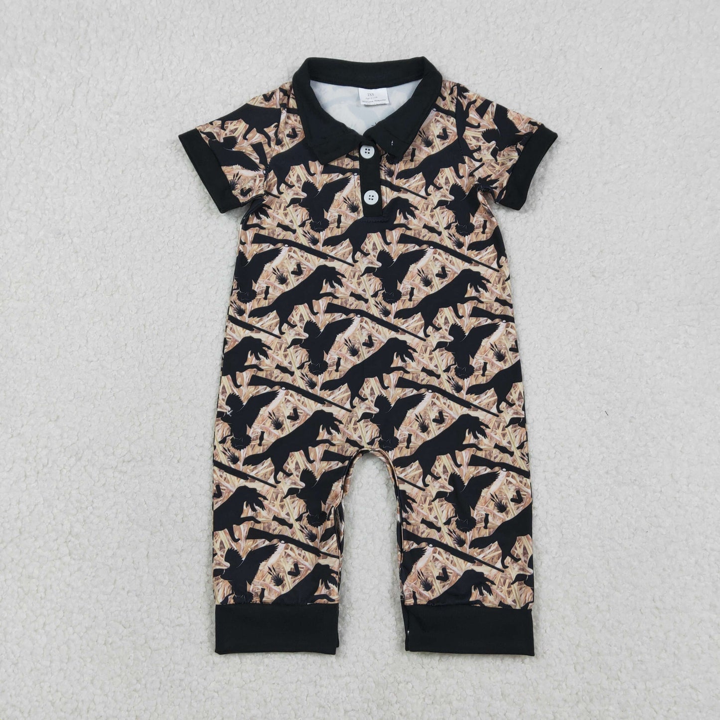 SR3637 Puppy Duck Hunting Black Polo Short Sleeve Boys Romper 202601 RTS
