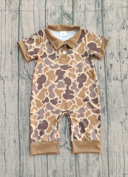 NO MOQ preorder SR3638 Puppy Duck Hunting Brown Polo Short Sleeve Boys Romper 202512