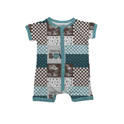 MOQ 5 PCS preorder SR3642 Mama's Boy Smiley Face Lightning Plaid Zip Short Sleeve Boys Romper 202511