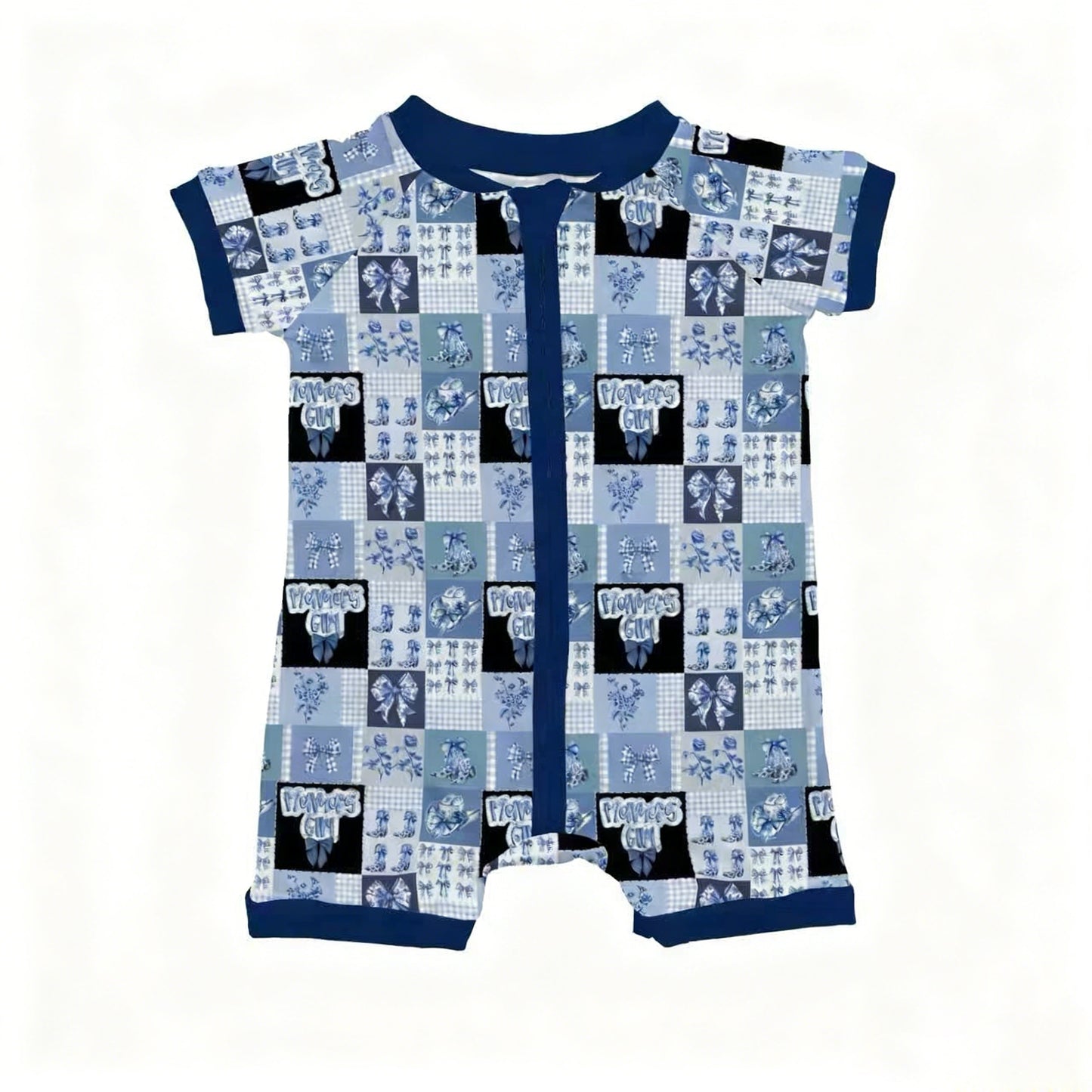 MOQ 5 PCS preorder SR3643 Mama's Girl Bow Pattern Boots Floral Plaid Blue Zip Short Sleeve Girls Romper 202511