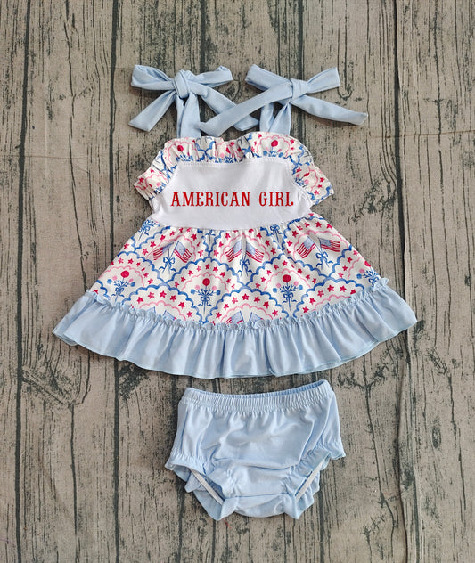 NO MOQ preorder SR3648 Embroidered 4th of July American Girl Flag Halter Top Bubble Bummies Sets 202512