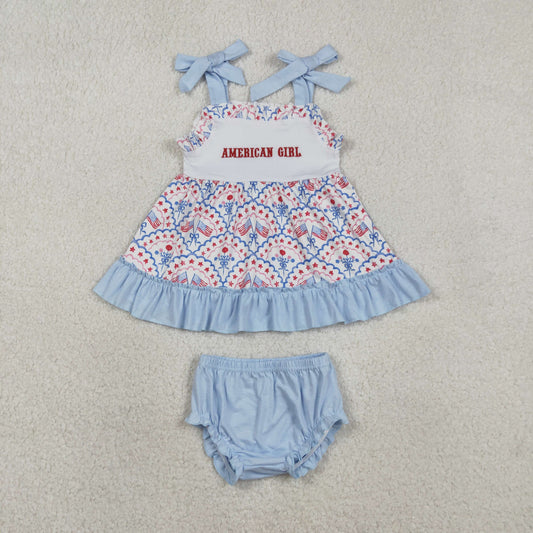 SR3648 Embroidered 4th of July American Girl Flag Halter Top Bubble Bummies Girls Sets 202601 RTS