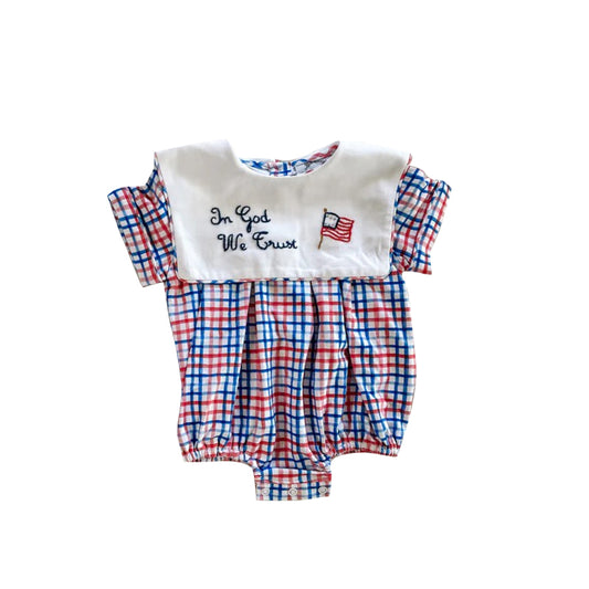 MOQ 5 PCS preorder SR3649 4th of July Letter Flag Red Blue Plaid Short Sleeve Girl Bubble Romper 202511