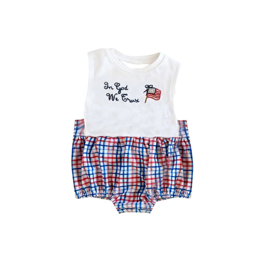 MOQ 5 PCS preorder SR3650 4th of July Letter Flag Red Blue Plaid Sleeveless Boy Bubble Romper 202511