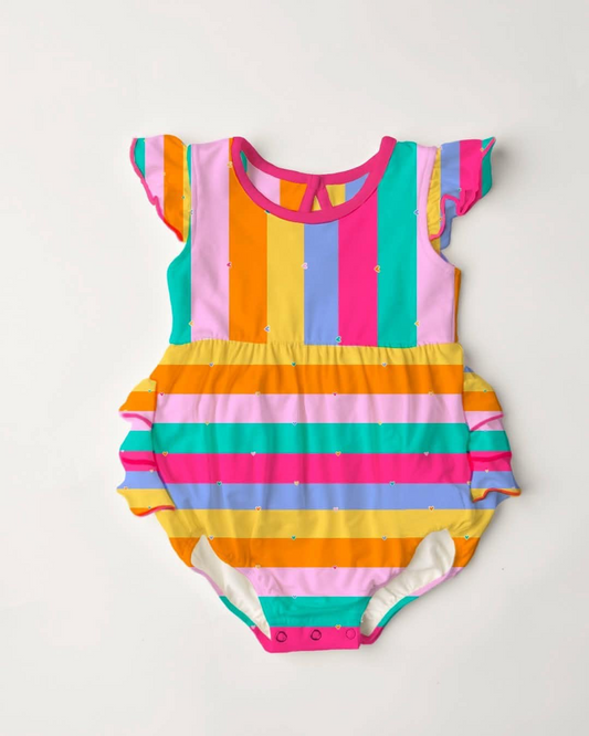 MOQ 5 PCS preorder SR3651 Colored Stripe Flying Sleeve Girls Bubble Romper 202511