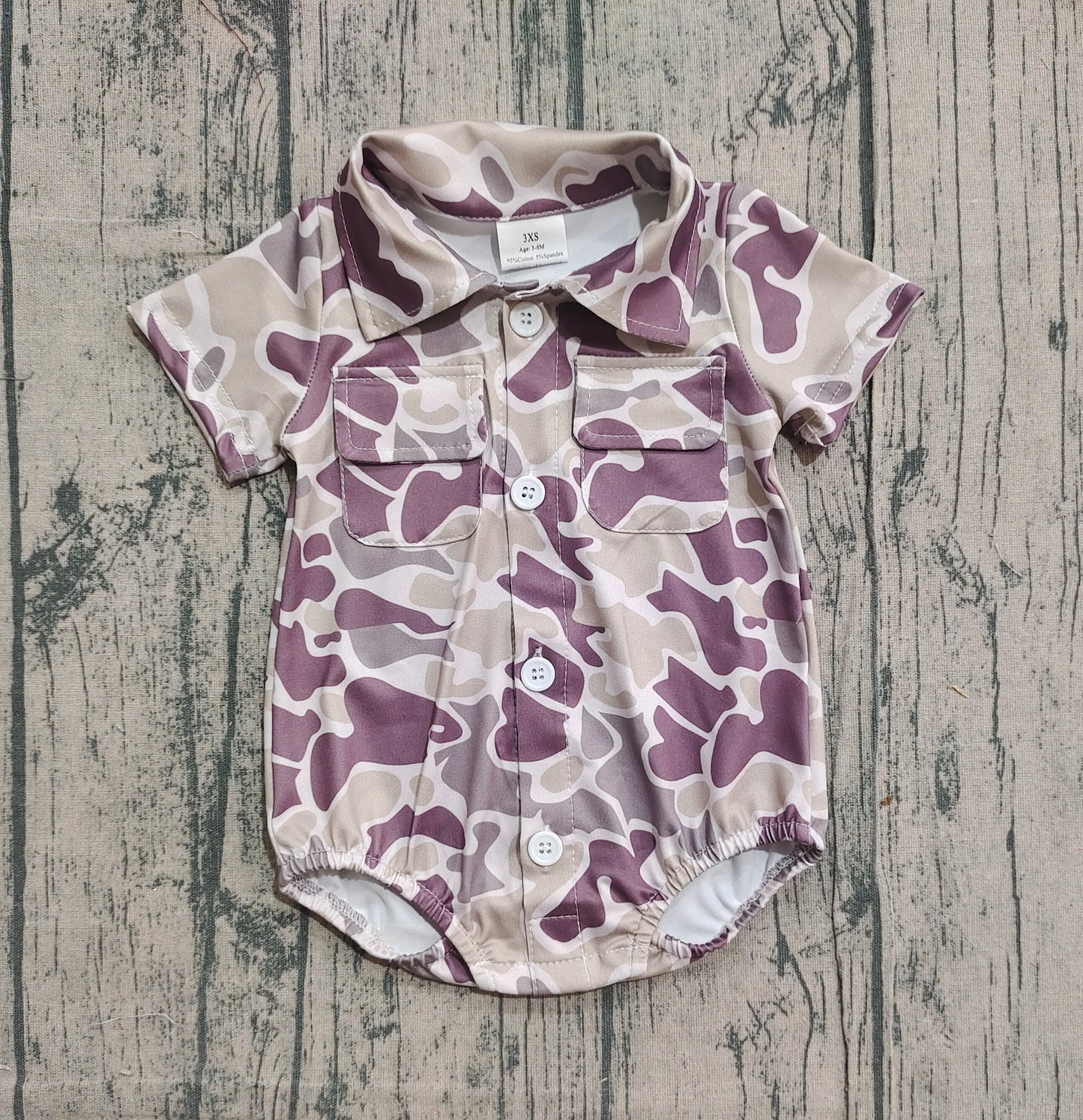 NO MOQ preorder SR3652 Gray Brown Camouflage Buttons Short Sleeve Boys Bubble Romper 202512