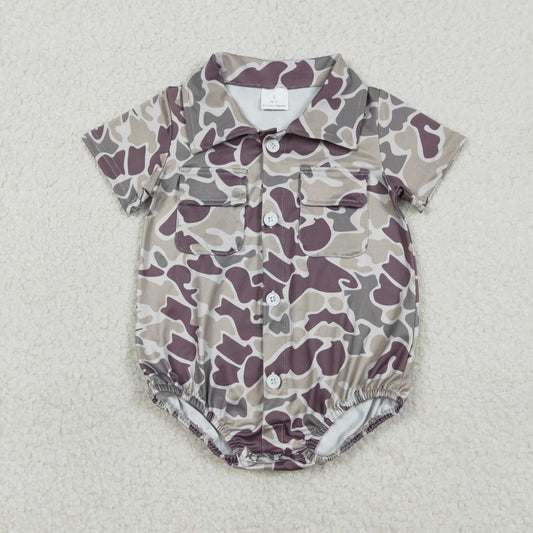 SR3652 Gray Brown Camouflage Buttons Short Sleeve Boys Bubble Romper 202512 RTS