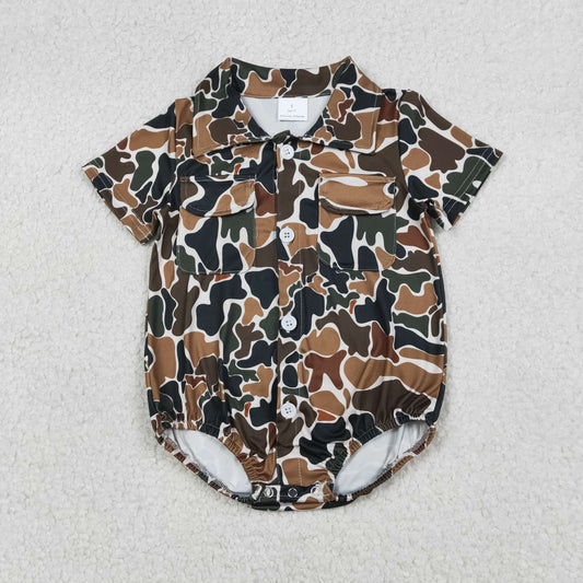 SR3656 Brown Green Camouflage Buttons Short Sleeve Boys Bubble Romper 202512 RTS