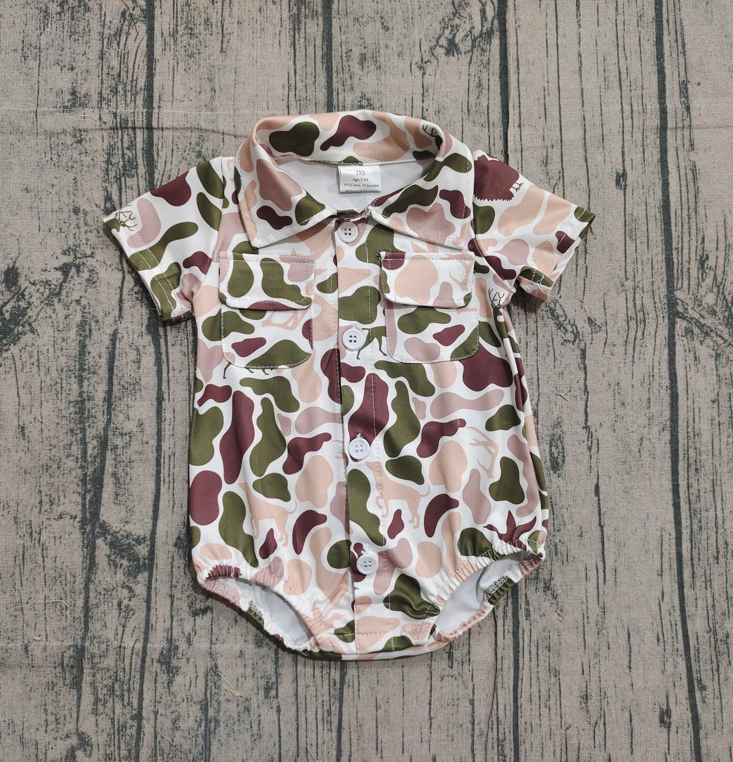 NO MOQ preorder SR3657 Duck Hunting Beige Green Camouflage Buttons Short Sleeve Boys Bubble Romper 202512