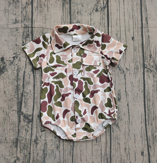 NO MOQ preorder SR3657 Duck Hunting Beige Green Camouflage Buttons Short Sleeve Boys Bubble Romper 202512