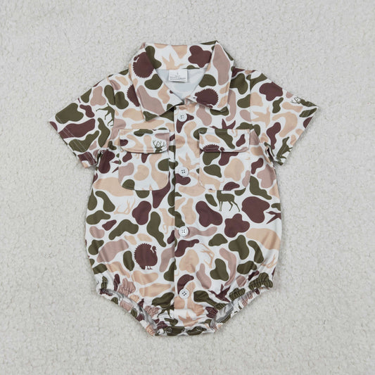 SR3657 Duck Hunting Beige Green Camouflage Buttons Short Sleeve Boys Bubble Romper 202512 RTS