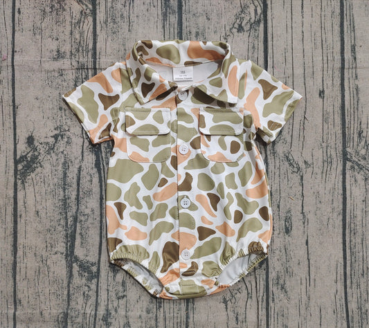 NO MOQ preorder SR3658 Orange Green Camouflage Buttons Short Sleeve Boys Bubble Romper 202512